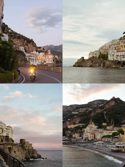 A collage of scenes from the Amalfi Coast, Italy. It shows the variety of backdrops available in one location, from coastal roads and seaside towns to dramatic cliffs.