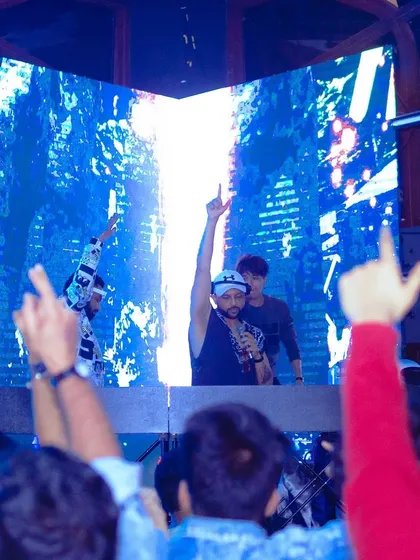 A view from the crowd, with everyone's hands reaching for the stage. The energy is infectious.