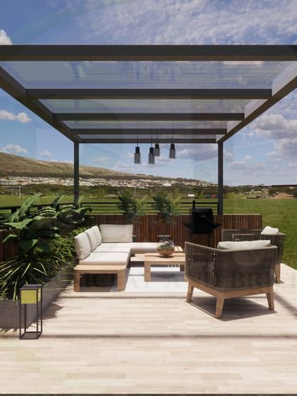 A wide-angle 3D render of a modern terrace. The design emphasizes clean lines and a functional layout, with the pergola defining the main social hub of the space.