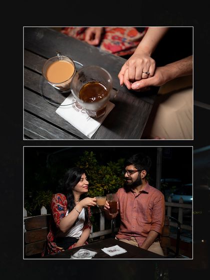 A collage showing a couple sharing coffee, focusing on the intimate detail of their hands and their shared glance. It's the small moments that often tell the biggest stories.