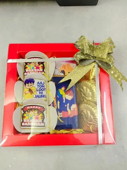 A clear view of the fun and affordable Rakhi special chocolate box.