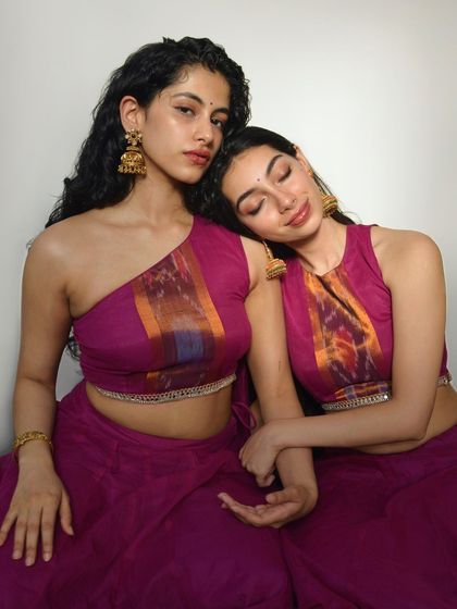 A studio shot with my sister, both wearing modern ethnic crop tops. This demonstrates my work in coordinated looks and sibling campaigns, highlighting contemporary Indian fashion.