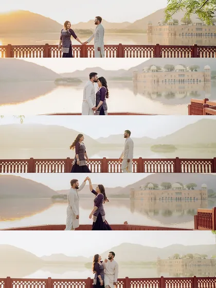 A film strip-style collage capturing the narrative of a couple's dance at Jal Mahal. This format is perfect for telling a story of movement and connection.