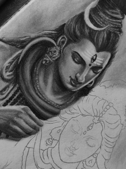 A closer look at the Shiva WIP, focusing on the careful shading of his face and hair before the rest of the details are filled in.