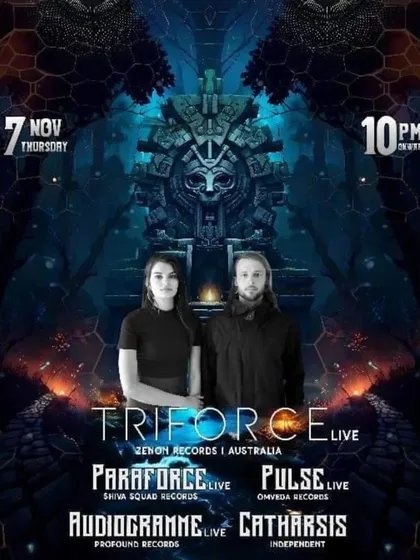 The lineup poster for the Shiva Squad event at Klub Hermis, featuring Triforce from Australia. It was a night of deep, progressive psychedelic trance.