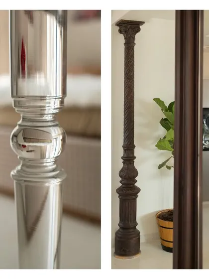 A tale of two details. On the left, a transparent acrylic table leg that almost disappears. On the right, a century-old cast iron pillar. Both stand in the same home, a quiet contrast of modern minimalism and historic weight.
