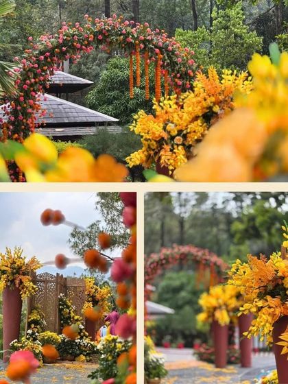 A collage showing different angles of a beautiful outdoor haldi ceremony. The floral arch and marigold arrangements create a warm and inviting space in a stunning natural setting.