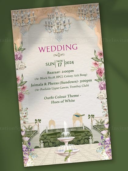 Say ‘I do’ to stunning e-invites. This static wedding card features an elegant design with pastel florals, chandeliers, and a beautiful fountain, perfect for a classic and romantic wedding theme.