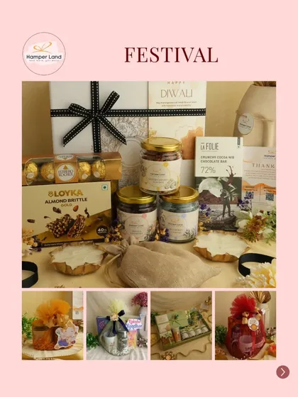 A classic festival hamper for Diwali. This gift set includes Ferrero Rocher, almond brittle, and jars of goodies, all packed in a clean white box with a black ribbon.