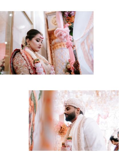 A collage showing the bride and groom during a quiet, reflective moment in their ceremony. Our candid approach captures the deep emotions of the day.
