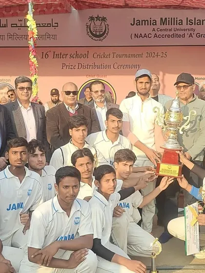 The winning team of the Inter-School Cricket Tournament poses with the trophy and officials. I have extensive experience organizing youth-level cricket events that give young talent a platform to shine.