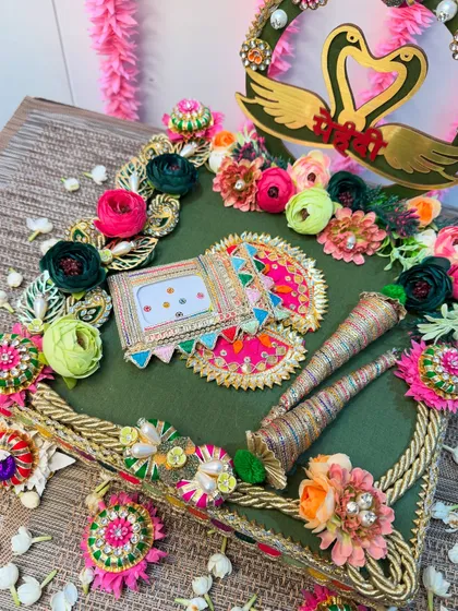 This view showcases the cones and other essentials beautifully arranged on our green Mehendi platter. Every element is thoughtfully placed to be both functional and aesthetically pleasing.