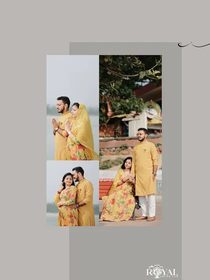 A collage of a couple in yellow traditional wear, capturing their prayers and quiet moments by the Ganga.