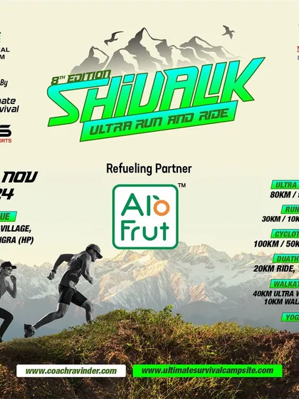 The official poster for the Shivalik Ultra Run and Ride, featuring our refueling partner and a wide range of categories including ultra runs, cyclothon, and duathlon.