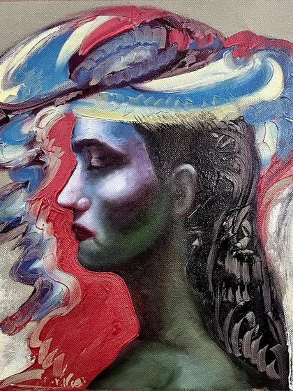 This 10x10 inch oil on canvas is a study in profile. I used bold, contrasting colors and abstract shapes in the headdress to represent the complex thoughts of the subject.