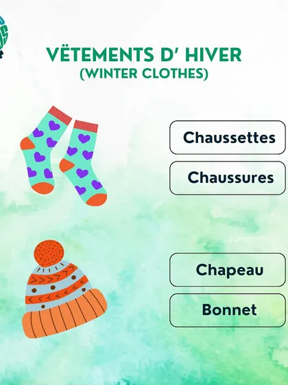 Let's complete our winter outfit. This image teaches the French words for socks ('chaussettes') and a winter hat ('bonnet').