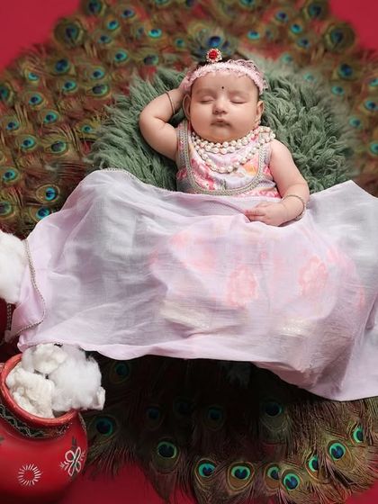 A divine 'Little Radha' theme for Janmashtami. The newborn rests on a bed of peacock feathers, adorned with pearls, capturing the serene and beautiful spirit of the festival.