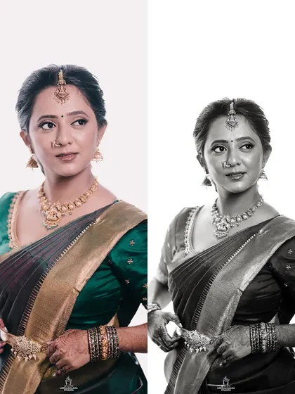 A split-screen image showing a bride's portrait in both color and black and white.