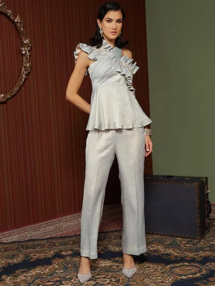 A full-length shot of the Amara Co-ord Set by Alayza, styled in our vintage-themed room set.
