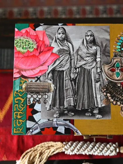 A detail of the lid, featuring a vintage black-and-white photograph of Banjara women, layered with colorful floral and jewelry designs. This juxtaposition of old and new is central to my work.