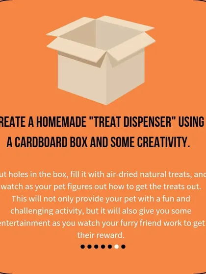 Create a homemade treat dispenser with a cardboard box. Cut holes in it, fill it with our treats, and watch your pet work to get their reward. It's a fun and challenging activity.