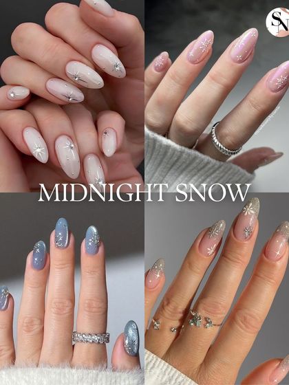 "Midnight snow" is the theme for this inspiration board. It features beautiful designs with glittery snowflakes over soft blue, grey, and nude bases.