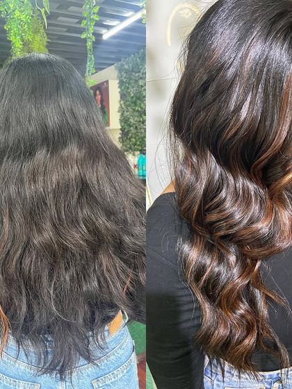 A caramel pop color transformation that adds warm, delicious tones to the hair. This before-and-after shows how we can add richness and dimension to dull hair.