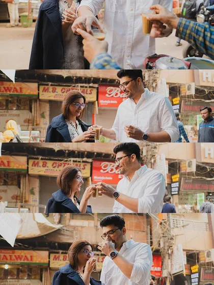 A collage showing a couple enjoying street-side tea, capturing an authentic slice of life during their pre-wedding shoot.