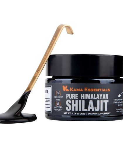 A clean product shot of the Shilajit jar and applicator against a white background.