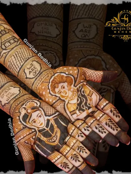 This custom design includes portraits and personal messages like 'Omkar chi Nehal' and 'We are on', making it a truly unique piece for the bride.