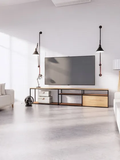 This bright and airy living room concept highlights a minimalist aesthetic. The design features clean lines, a simple TV console, and a neutral color scheme, creating a calm and uncluttered environment.