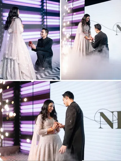 A surprise proposal during the engagement party. We helped the groom plan this beautiful moment, complete with dramatic smoke and lighting, to make it truly unforgettable.