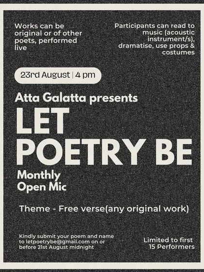 The stage is always open for new voices. Our 'Let Poetry Be' monthly open mic is a cornerstone of our community, a safe and encouraging space for poets to perform, experiment, and share their art in any language.