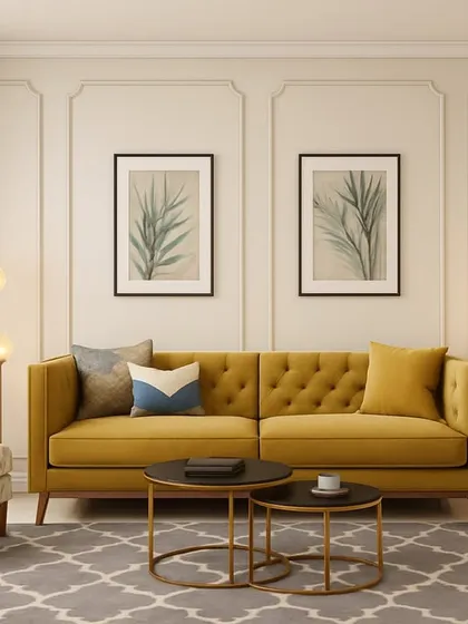 A render for a calm and elegant living room. The design is built around a mustard velvet sofa and features classic wall paneling, a patterned rug, and soft lighting to create a comfortable, contemporary space.