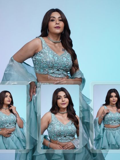 A collage of our sky-blue ruffled lehenga, showing different poses and angles to give you a full picture of this dreamy outfit.