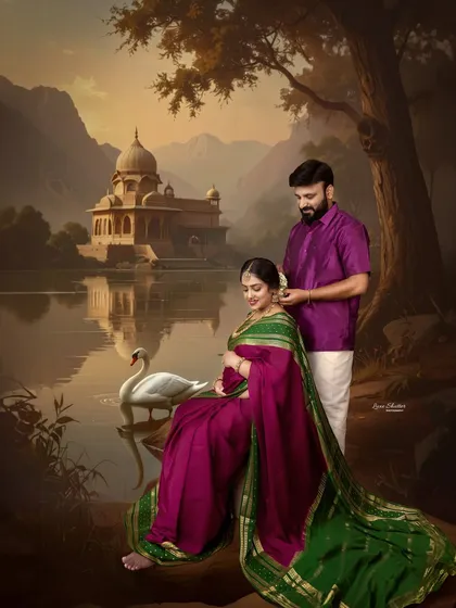 An intimate moment between the couple, set against a majestic, palace-like backdrop by the water. This is a perfect example of my fine art, culturally-inspired maternity photography.