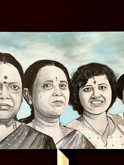 The full view of the completed four-generation acrylic painting, a true family heirloom.