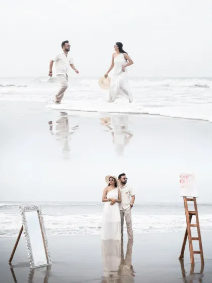 An artistic shot using props like a mirror and an easel on the beach. The reflections in the wet sand add another layer of beauty to the composition.