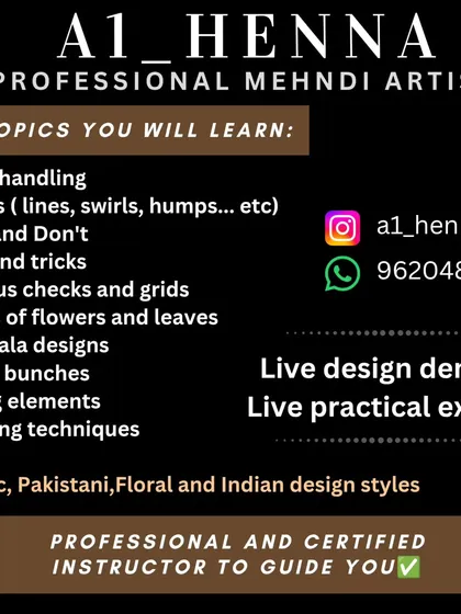 My curriculum is comprehensive, covering everything from the fundamentals of cone handling to advanced shading techniques. You will learn to create various styles, including Arabic, Pakistani, and Indian designs.