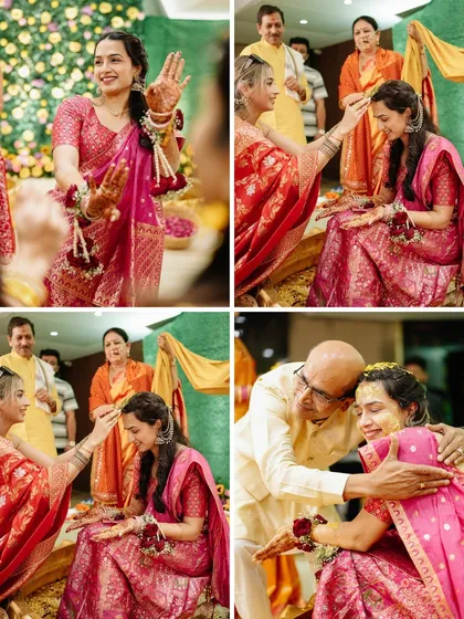 The bride's Haldi ceremony, filled with blessings from elders and playful moments with friends. A beautiful blend of tradition and fun.