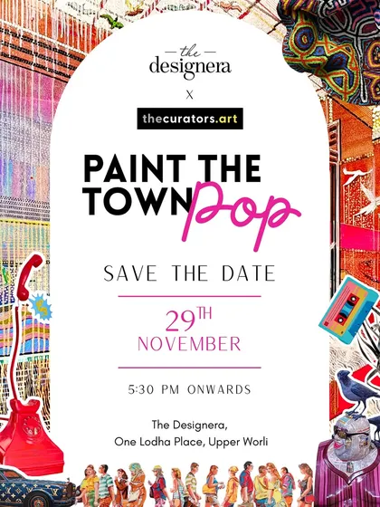 We orchestrate art events from concept to execution. This invitation for our 'Paint the Town Pop' evening highlights our event management services, where we blend curated pop art with music, wine, and conversation for a lively social gathering.