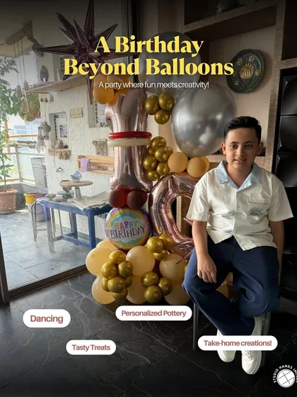 A birthday boy sits proudly next to his balloon arrangement, highlighting that our parties are more than just pottery; they are a full-fledged celebration.