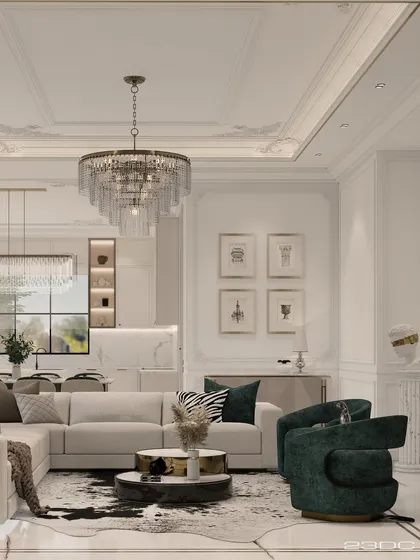 In this family living space, minimalism meets luxury in a harmonious dance of beige and green. A plush sectional sofa is accented with deep green swivel chairs and a zebra-print cushion, adding a touch of playful sophistication.
