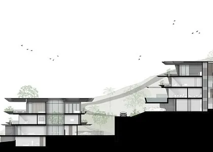 This sectional drawing illustrates how our two modular house typologies for the Dona Paula masterplan are adapted to the steep slope. This approach minimizes the impact on the mountain while ensuring each home has a unique relationship with the landscape.