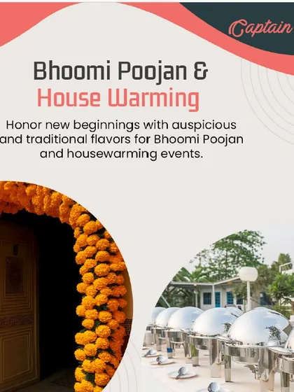 Honor new beginnings with auspicious and traditional flavors. This graphic highlights my catering services for Bhoomi Poojan and housewarming events, featuring marigold decorations and a classic buffet setup.