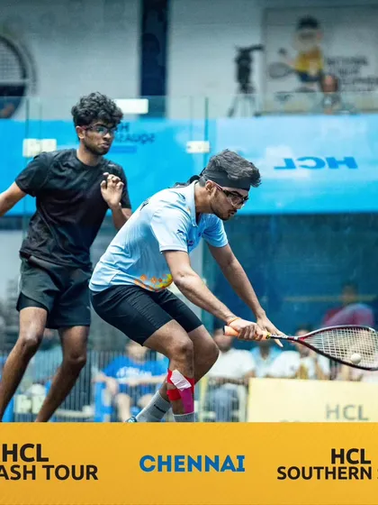 A low shot executed with precision during a tough match in the HCL Squash Tour in Chennai.