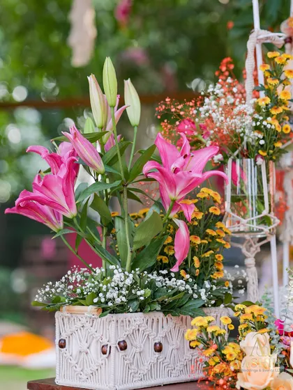 A close-up of a macrame-wrapped planter box holding beautiful pink lilies and baby's breath.