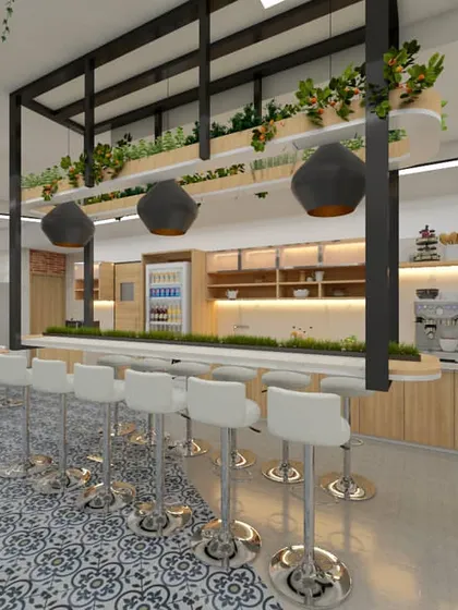 A well-designed break area is essential for any office. This 3D concept for an office pantry features a modern cafe-style bar, comfortable seating, and ample greenery, creating a refreshing space for employees to relax and recharge.