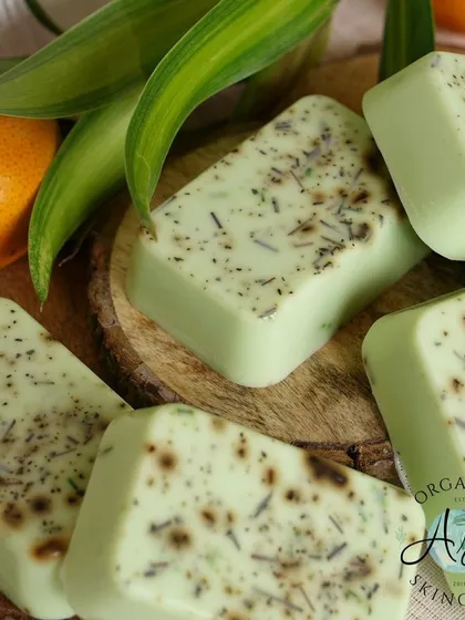 This is my "Green Terminator" soap, made with lemongrass and green tea. It's a customer favorite not just for its fresh scent but because the citronella in it naturally helps keep mosquitoes away.