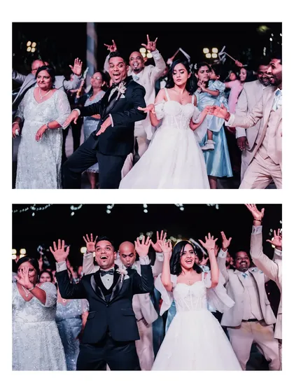 A fun, choreographed dance with the couple and their guests. This collage captures the energy and joy of the wedding party on the dance floor.